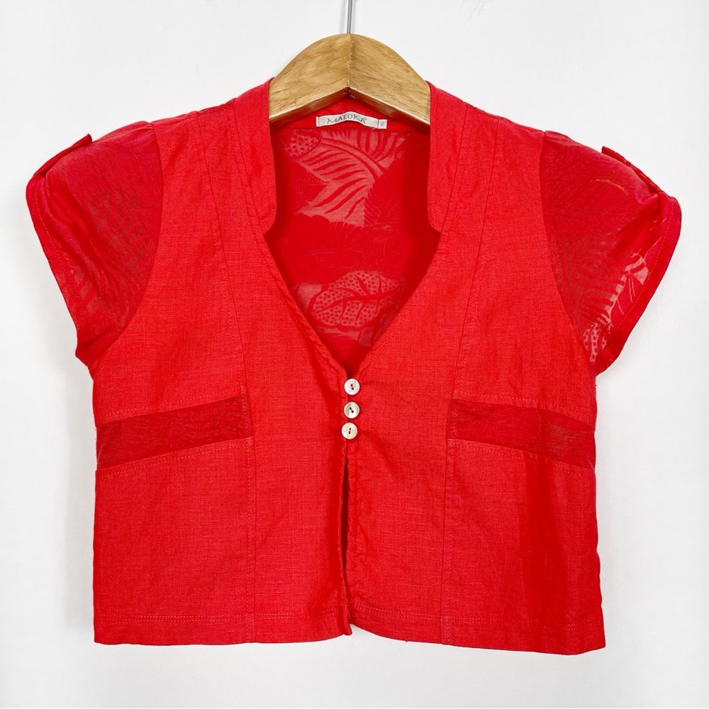 Maloka Women’s Vibrant‎ Red Linen Blend Crop Top Bolero Size 2